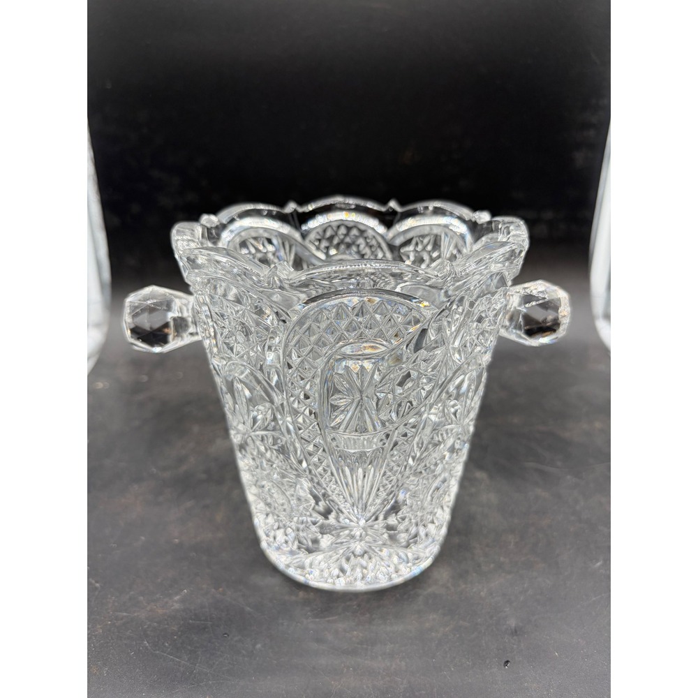 Vintage Cut Crystal Ice Bucket Pinwheel Starburst Scalloped Rim Glass Handles‎